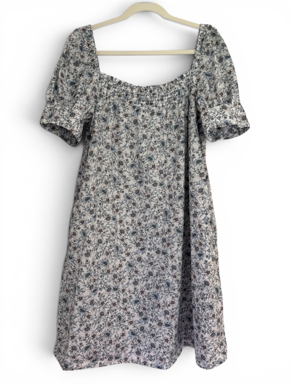 Floral Square-Neck Puff Sleeve Dress in Light Cream and Blue